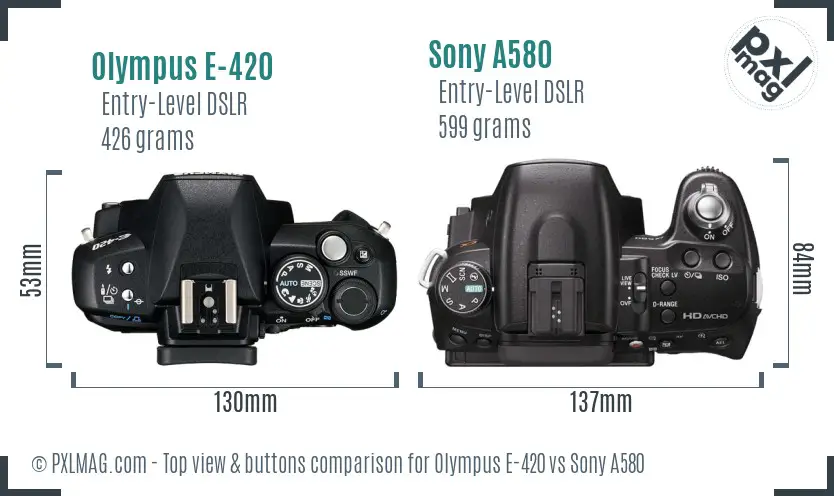 Olympus E-420 vs Sony A580 top view buttons comparison