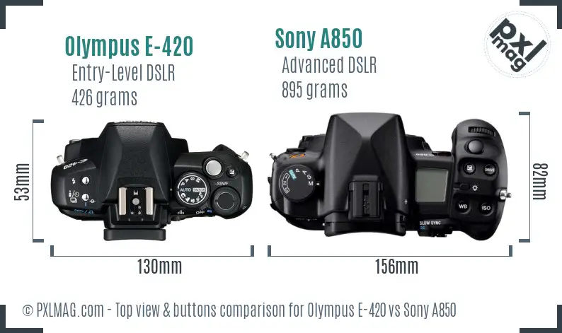 Olympus E-420 vs Sony A850 top view buttons comparison