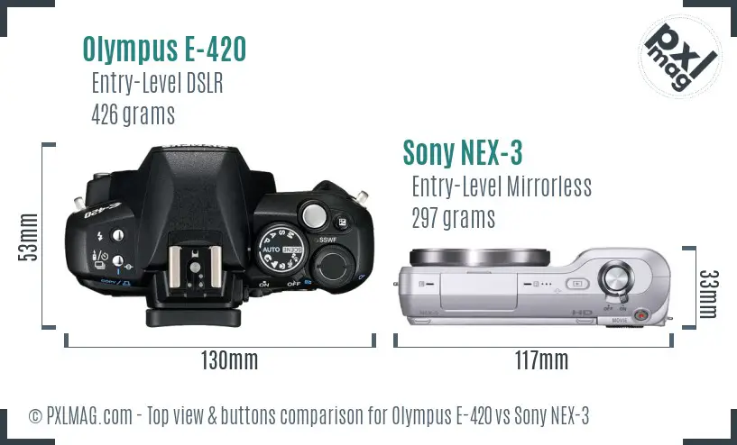 Olympus E-420 vs Sony NEX-3 top view buttons comparison