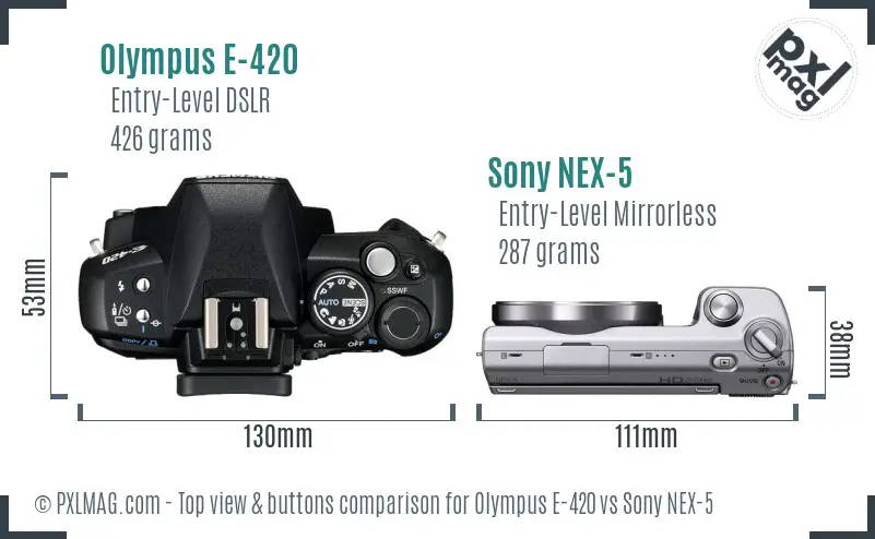 Olympus E-420 vs Sony NEX-5 top view buttons comparison