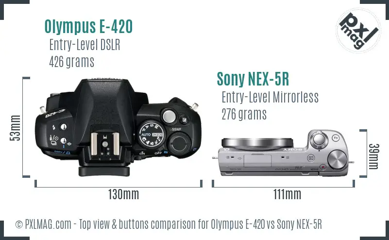 Olympus E-420 vs Sony NEX-5R top view buttons comparison