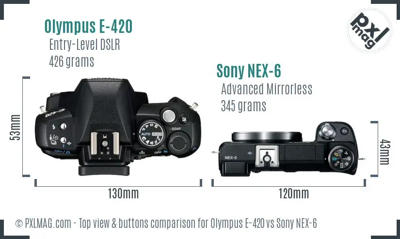 Olympus E-420 vs Sony NEX-6 top view buttons comparison