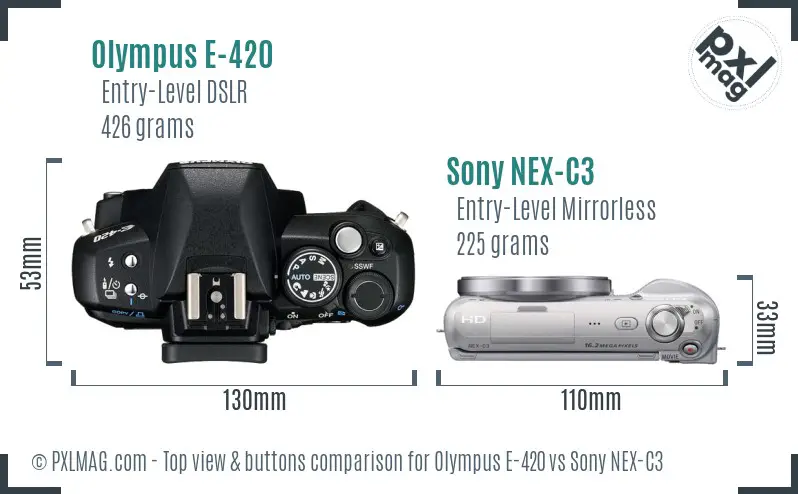 Olympus E-420 vs Sony NEX-C3 top view buttons comparison