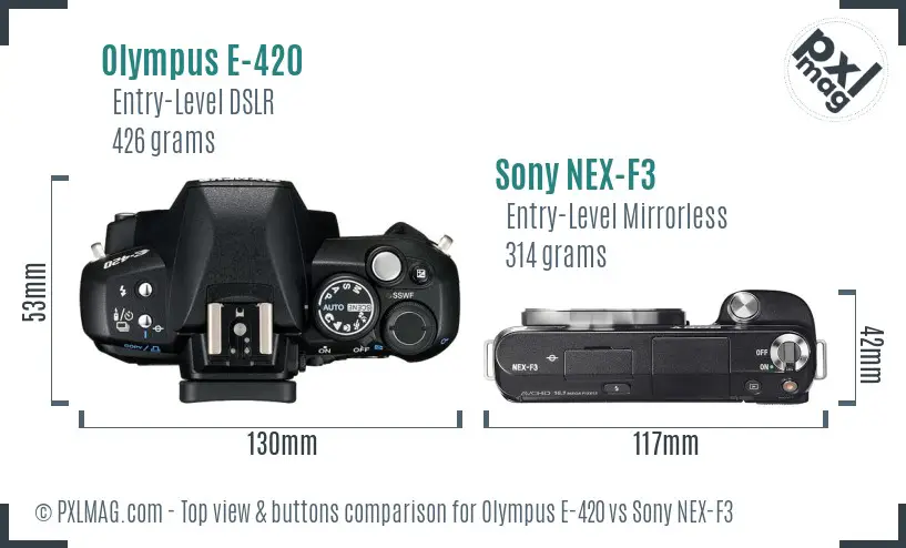 Olympus E-420 vs Sony NEX-F3 top view buttons comparison