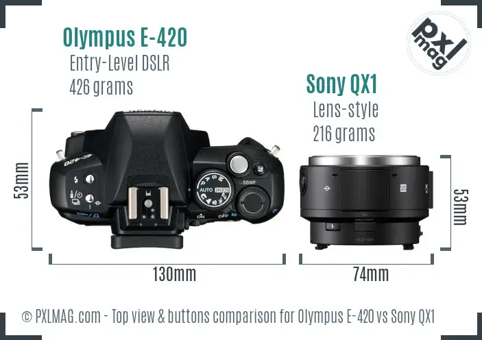 Olympus E-420 vs Sony QX1 top view buttons comparison
