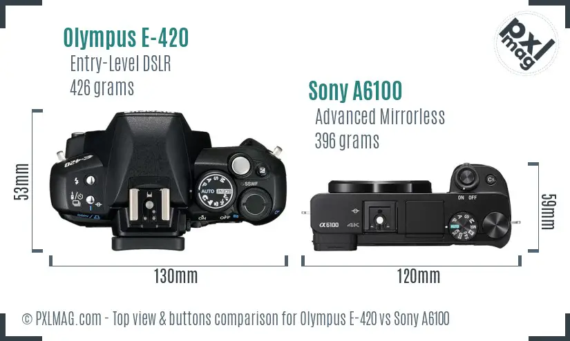 Olympus E-420 vs Sony A6100 top view buttons comparison