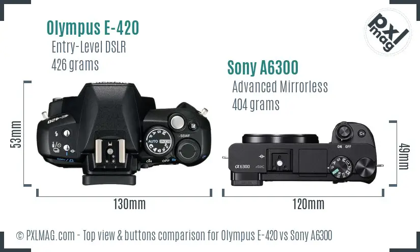 Olympus E-420 vs Sony A6300 top view buttons comparison