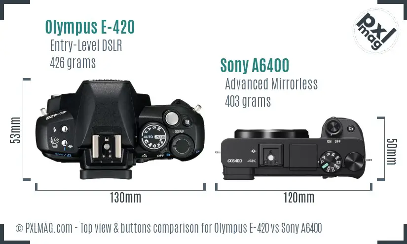 Olympus E-420 vs Sony A6400 top view buttons comparison