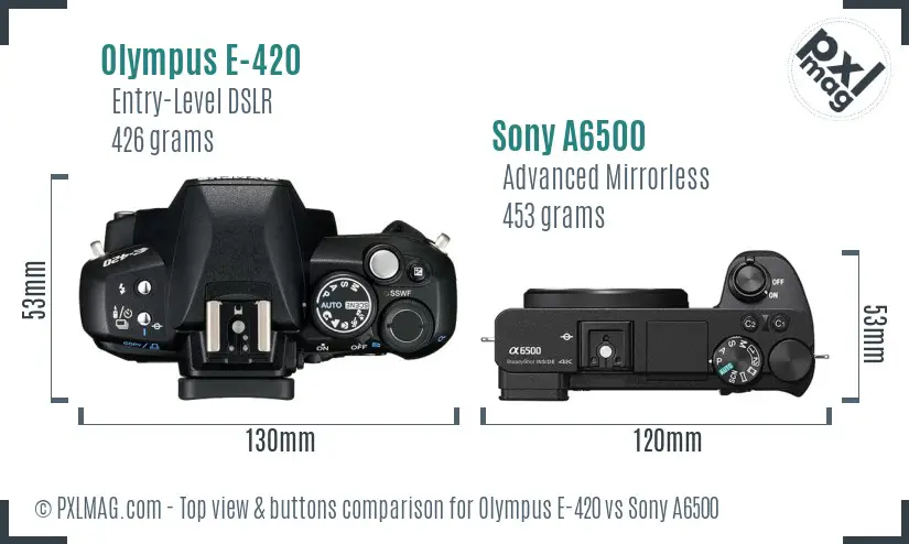 Olympus E-420 vs Sony A6500 top view buttons comparison