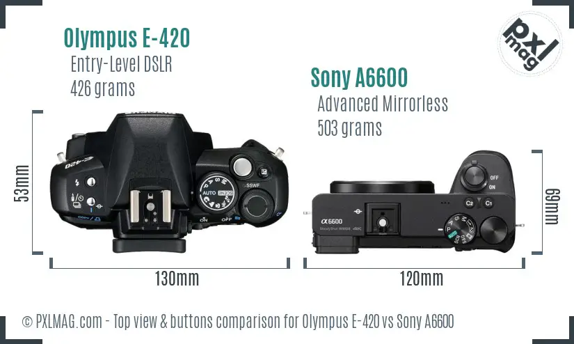 Olympus E-420 vs Sony A6600 top view buttons comparison