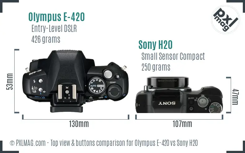 Olympus E-420 vs Sony H20 top view buttons comparison