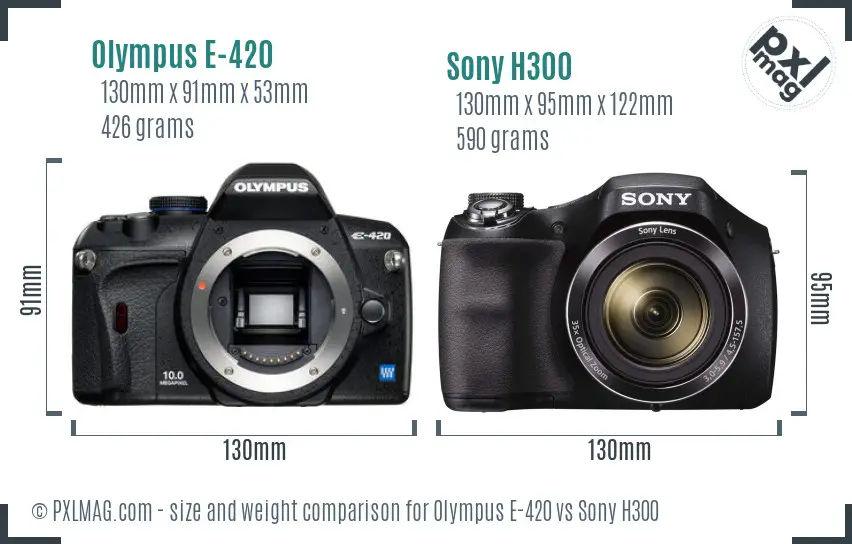 Olympus E-420 vs Sony H300 size comparison