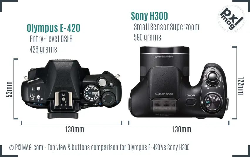 Olympus E-420 vs Sony H300 top view buttons comparison