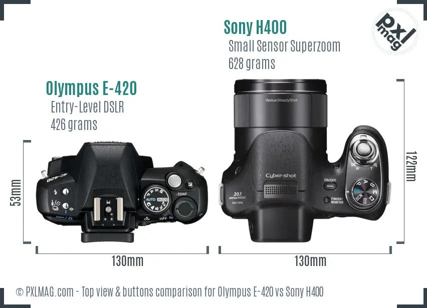 Olympus E-420 vs Sony H400 top view buttons comparison