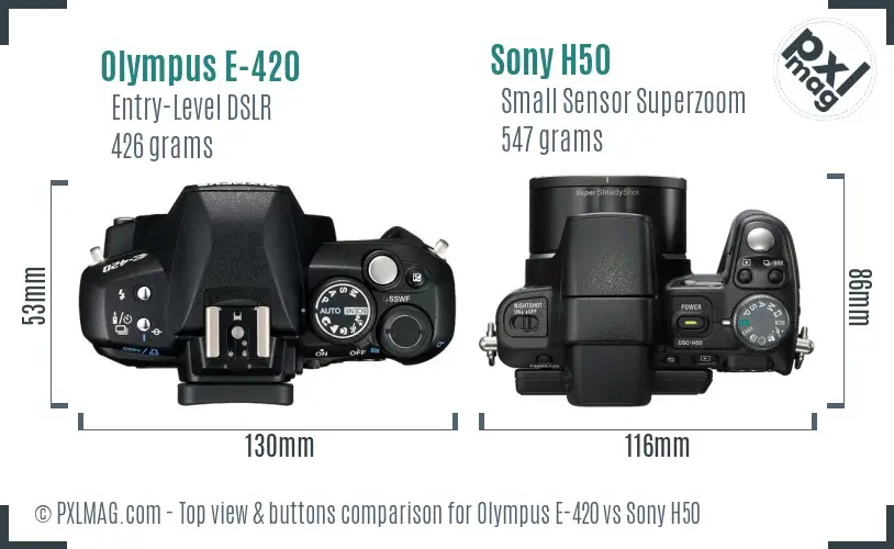 Olympus E-420 vs Sony H50 top view buttons comparison