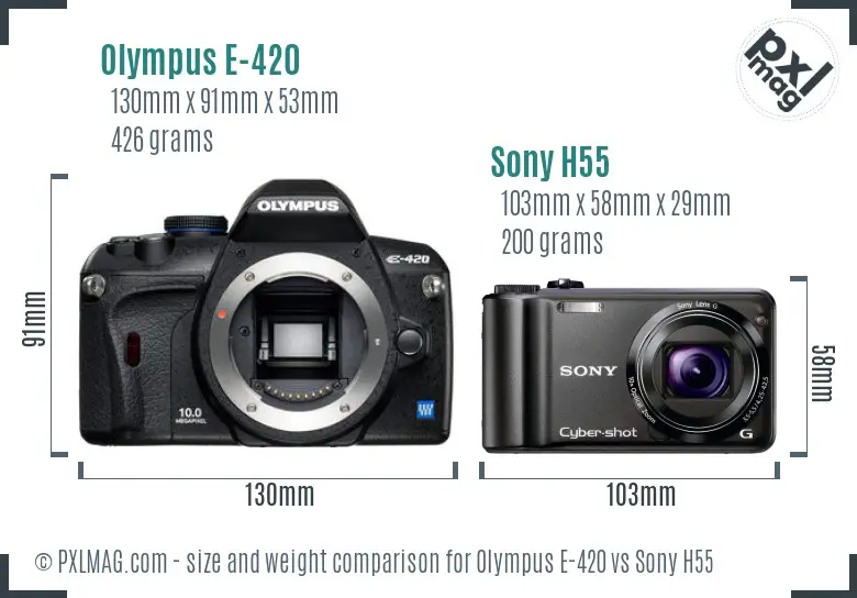 Olympus E-420 vs Sony H55 size comparison
