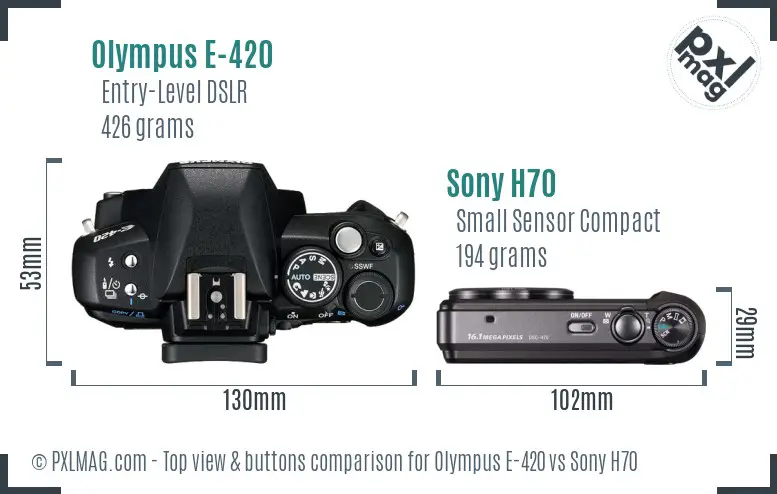 Olympus E-420 vs Sony H70 top view buttons comparison