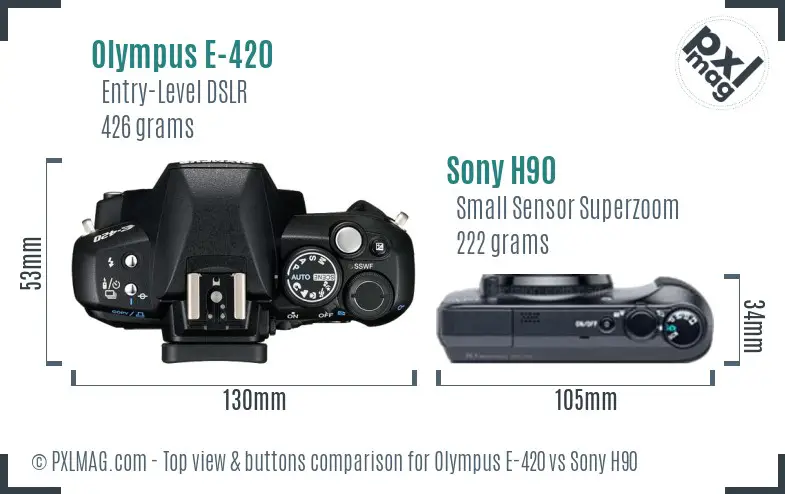 Olympus E-420 vs Sony H90 top view buttons comparison
