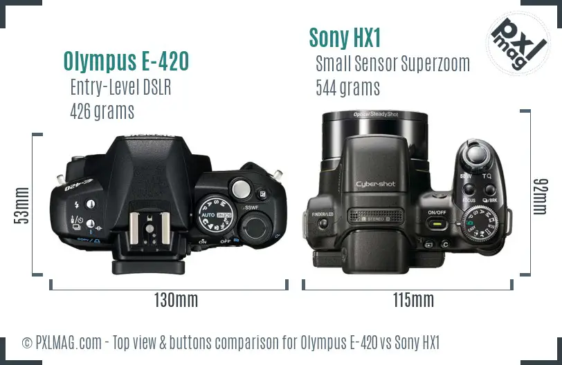 Olympus E-420 vs Sony HX1 top view buttons comparison