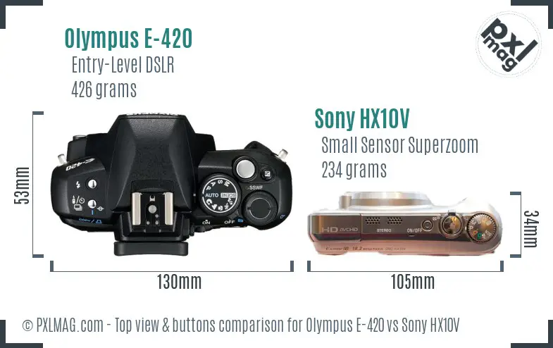 Olympus E-420 vs Sony HX10V top view buttons comparison