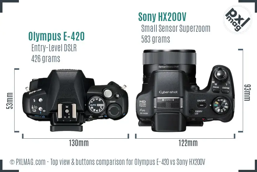 Olympus E-420 vs Sony HX200V top view buttons comparison
