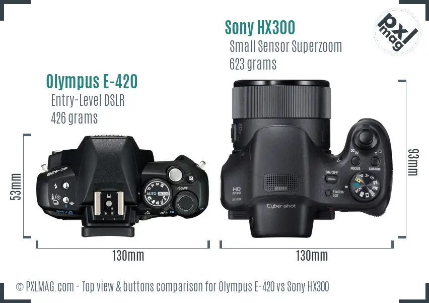 Olympus E-420 vs Sony HX300 top view buttons comparison
