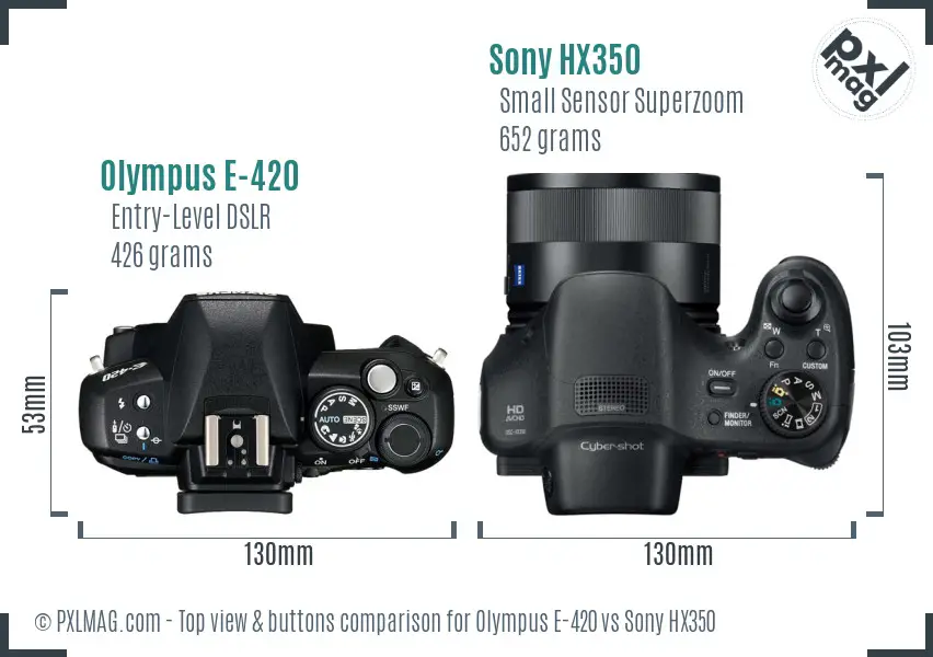 Olympus E-420 vs Sony HX350 top view buttons comparison