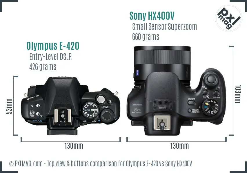 Olympus E-420 vs Sony HX400V top view buttons comparison