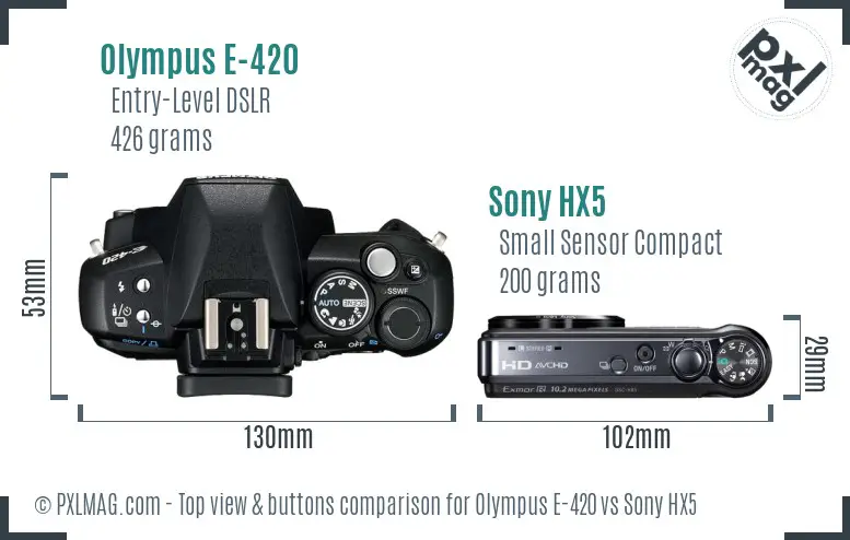 Olympus E-420 vs Sony HX5 top view buttons comparison