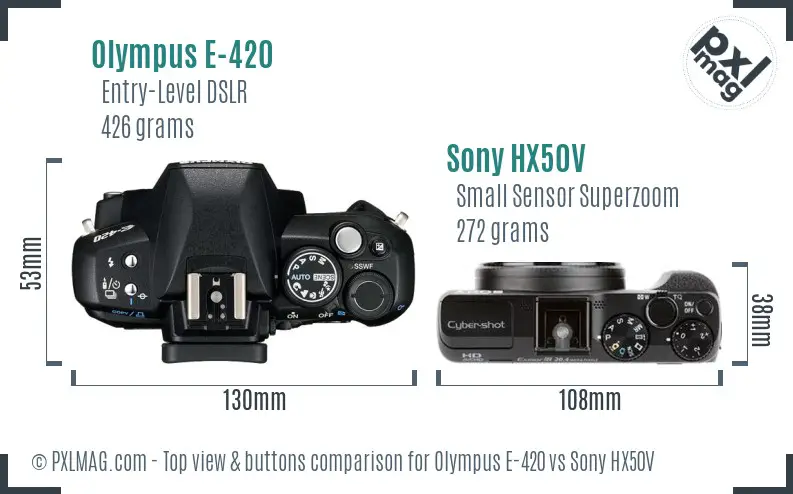 Olympus E-420 vs Sony HX50V top view buttons comparison