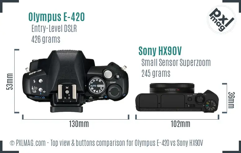 Olympus E-420 vs Sony HX90V top view buttons comparison