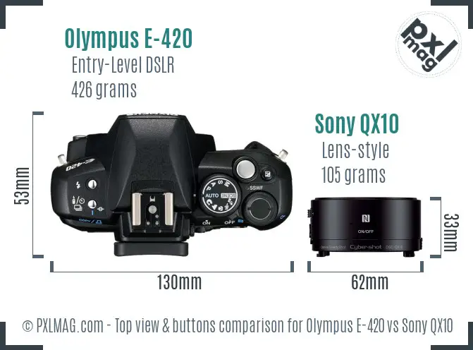 Olympus E-420 vs Sony QX10 top view buttons comparison
