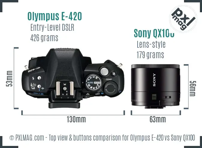 Olympus E-420 vs Sony QX100 top view buttons comparison