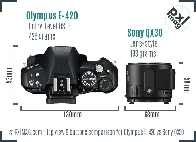 Olympus E-420 vs Sony QX30 top view buttons comparison