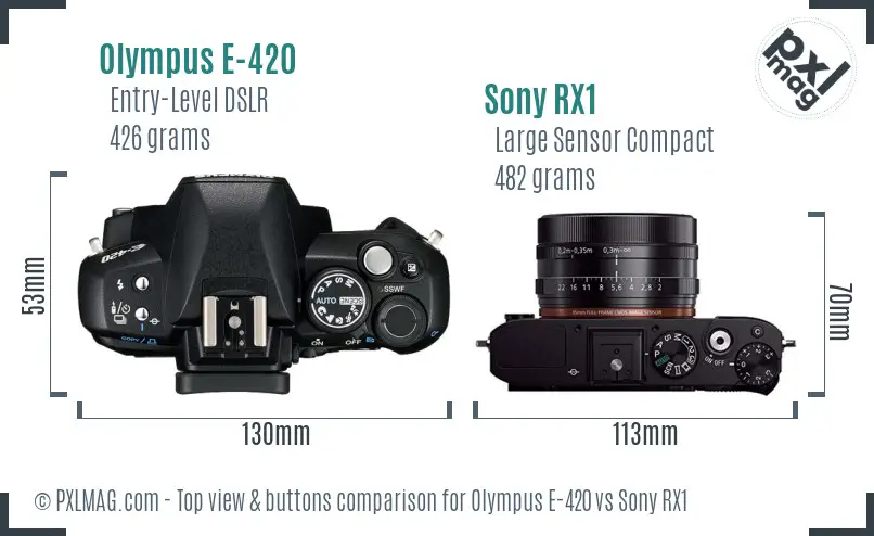 Olympus E-420 vs Sony RX1 top view buttons comparison