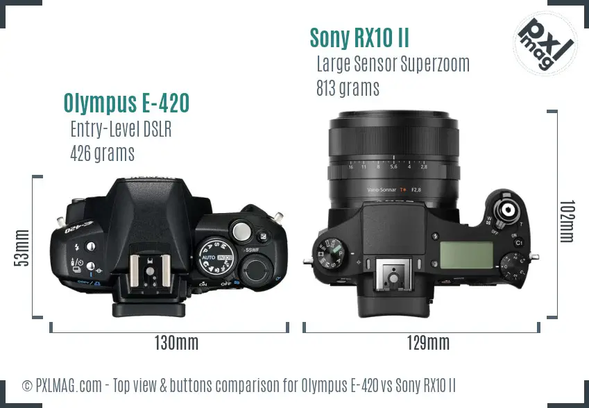 Olympus E-420 vs Sony RX10 II top view buttons comparison