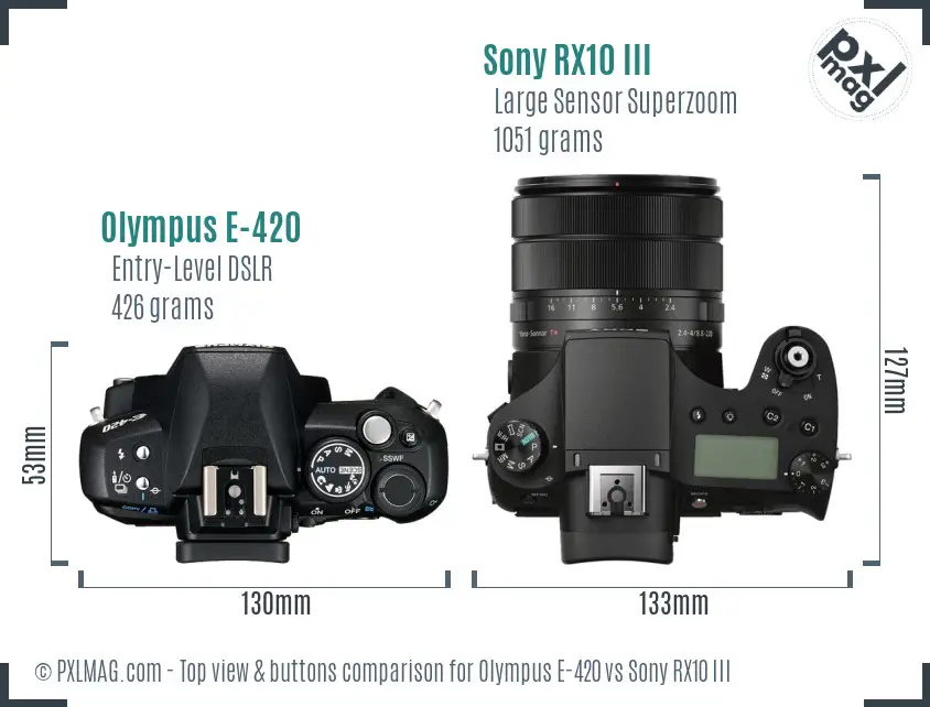 Olympus E-420 vs Sony RX10 III top view buttons comparison