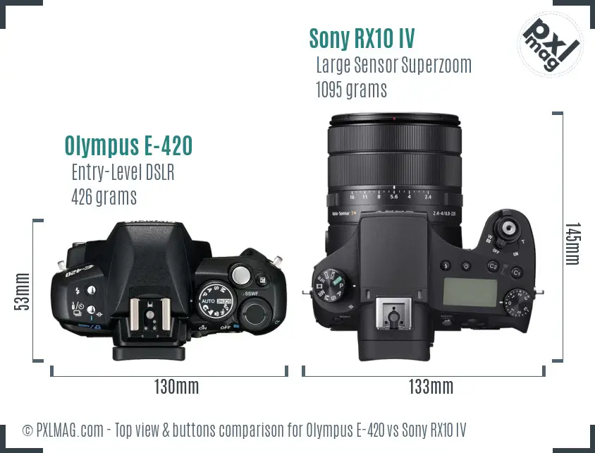 Olympus E-420 vs Sony RX10 IV top view buttons comparison
