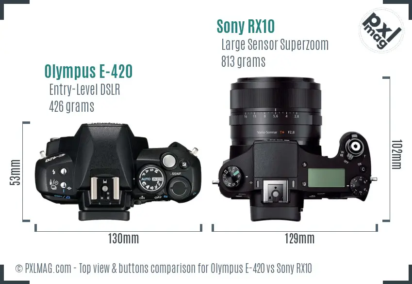 Olympus E-420 vs Sony RX10 top view buttons comparison