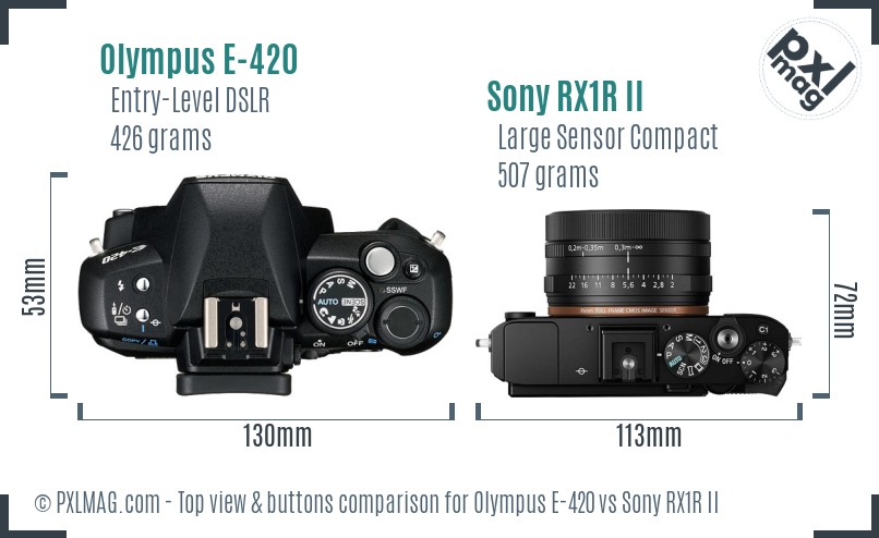 Olympus E-420 vs Sony RX1R II top view buttons comparison