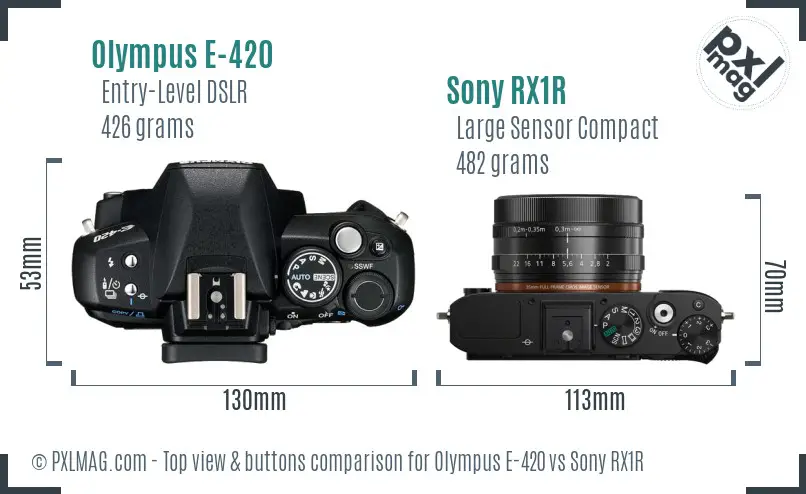 Olympus E-420 vs Sony RX1R top view buttons comparison