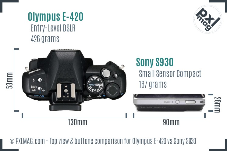 Olympus E-420 vs Sony S930 top view buttons comparison