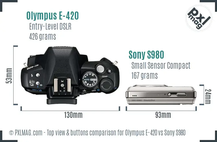 Olympus E-420 vs Sony S980 top view buttons comparison