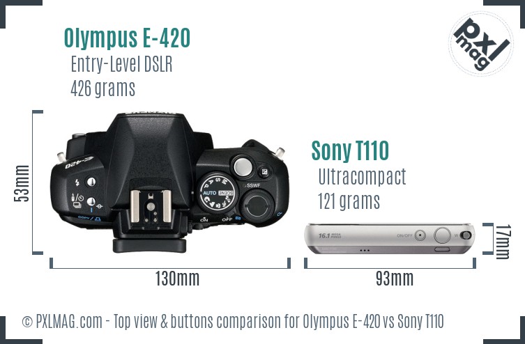 Olympus E-420 vs Sony T110 top view buttons comparison