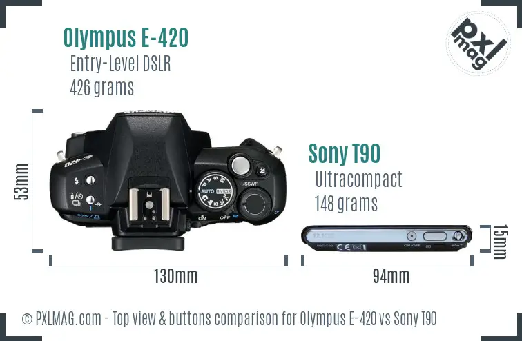 Olympus E-420 vs Sony T90 top view buttons comparison