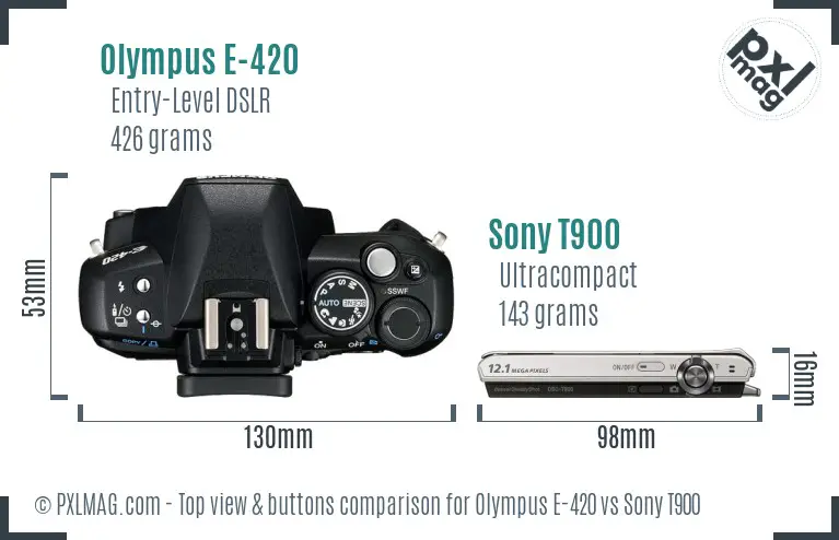 Olympus E-420 vs Sony T900 top view buttons comparison