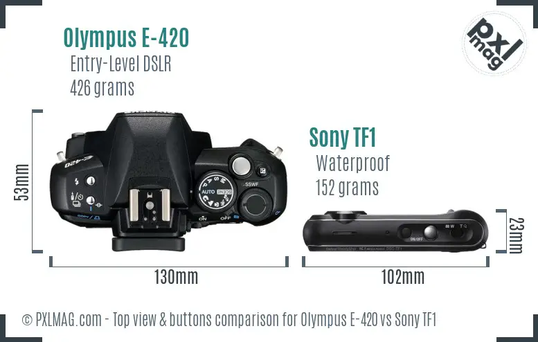 Olympus E-420 vs Sony TF1 top view buttons comparison