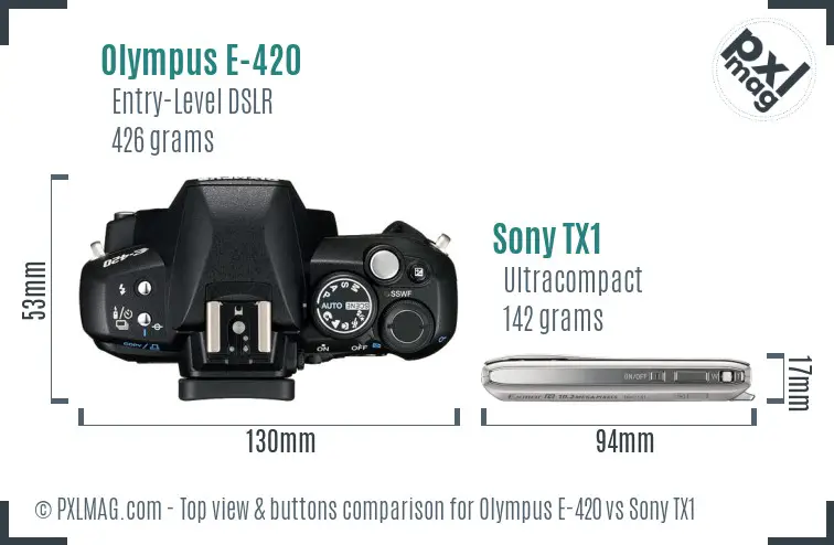Olympus E-420 vs Sony TX1 top view buttons comparison Olympus E-420 vs Sony TX1 top view buttons comparison