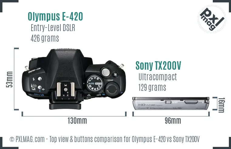 Olympus E-420 vs Sony TX200V top view buttons comparison Olympus E-420 vs Sony TX200V top view buttons comparison