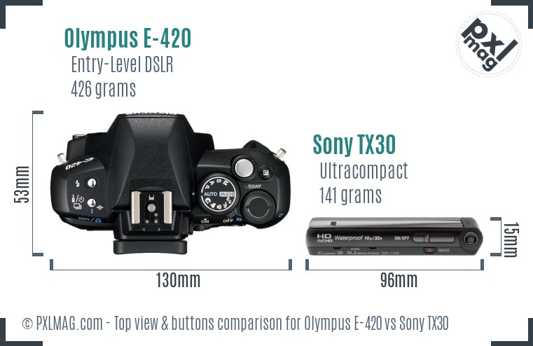 Olympus E-420 vs Sony TX30 top view buttons comparison